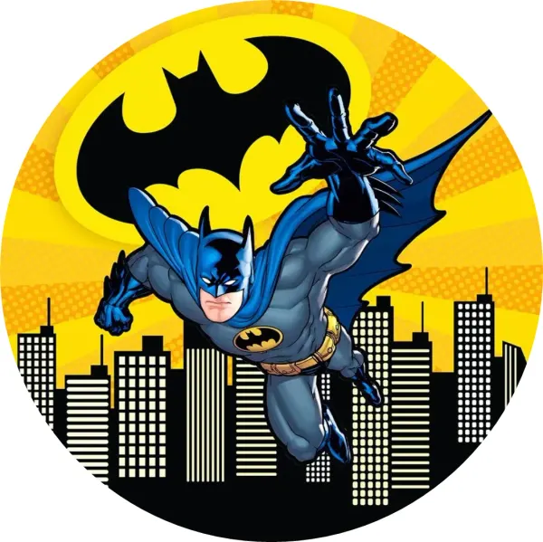 Kulatý jedlý obrázek na dort – Batman, letící na žlutém pozadí (žlutá, černá, modrá)