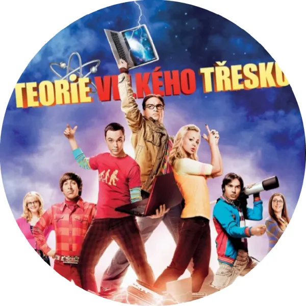 Kulatý jedlý obrázek na dort – Teorie velkého třesku, parta, blesky a atom (modrá, červená, žlutá)