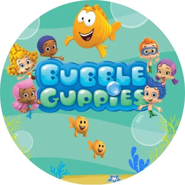 Kulatý jedlý obrázek na dort – Bubble Guppies, parta v tyrkysových hlubinách (tyrkysová, modrá, žlutá)