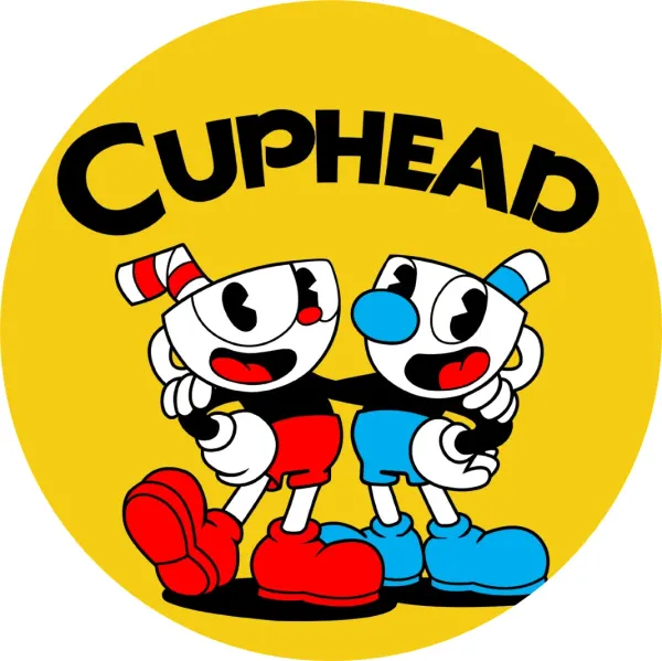 Kulatý jedlý obrázek na dort – Cuphead, Cuphead a Mugman, žluté pozadí (žlutá, červená, modrá)