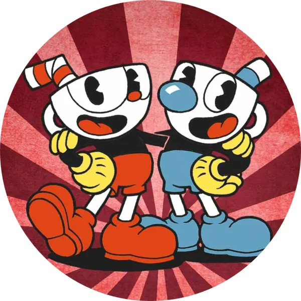 Kulatý jedlý obrázek na dort – Cuphead, Cuphead a Mugman, vínové paprsky (červená, modrá, bílá)
