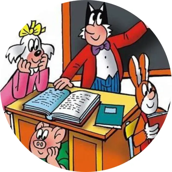 Kulatý jedlý obrázek na dort – Čtyřlístek, veselá škola s tabulí (žlutá, červená, modrá)