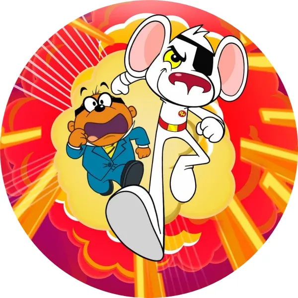 Kulatý jedlý obrázek na dort – Danger Mouse, a Penfold s explozí (červená, žlutá, bílá)