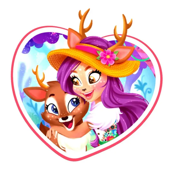 Kulatý jedlý obrázek na dort – Enchantimals, dívka s parůžky a koloušek (fialová, žlutá, hnědá)