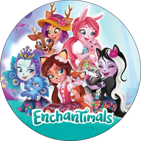 Kulatý jedlý obrázek na dort – Enchantimals, parta s tyrkysovým nápisem (růžová, tyrkysová, fialová)