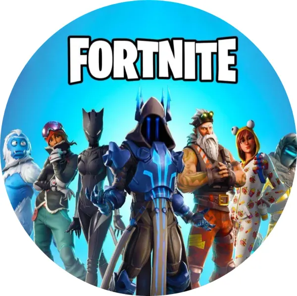 Kulatý jedlý obrázek na dort – Fortnite, Temný rytíř, yeti a bojovníci (modrá, bílá, černá)
