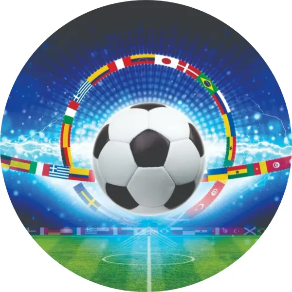 Kulatý jedlý obrázek na dort – Fotbal, míč v oblouku vlajek a blesky (modrá, zelená, bílá)