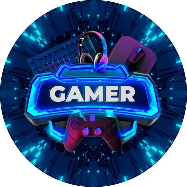 Kulatý jedlý obrázek na dort – Gamer, nápis se sluchátky a klávesnicí (modrá, fialová, černá)