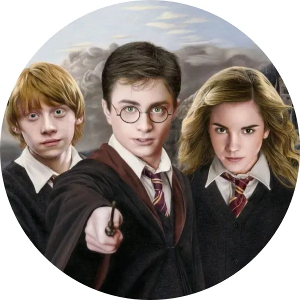 Kulatý jedlý obrázek na dort – Harry Potter, kreslená trojice a oblaka (černá, červená, šedá)