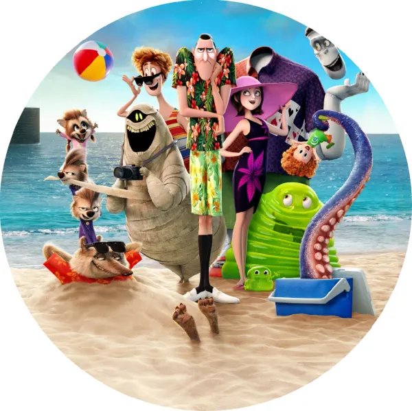 Kulatý jedlý obrázek na dort – Hotel Transylvania, rodinka na písečné pláži (modrá, žlutá, zelená)