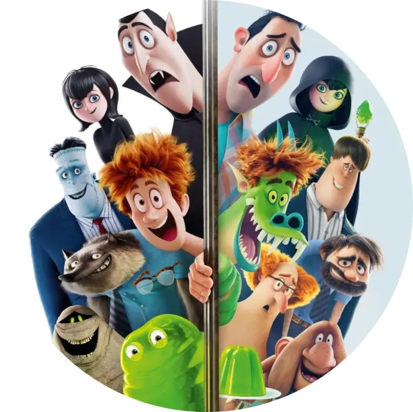 Kulatý jedlý obrázek na dort – Hotel Transylvania, strašidla a zrcadlení (modrá, zelená, černá)