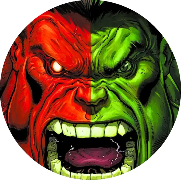 Kulatý jedlý obrázek na dort – Hulk, půlená tvář se zeleným a Red Hulkem (červená, zelená, černá)