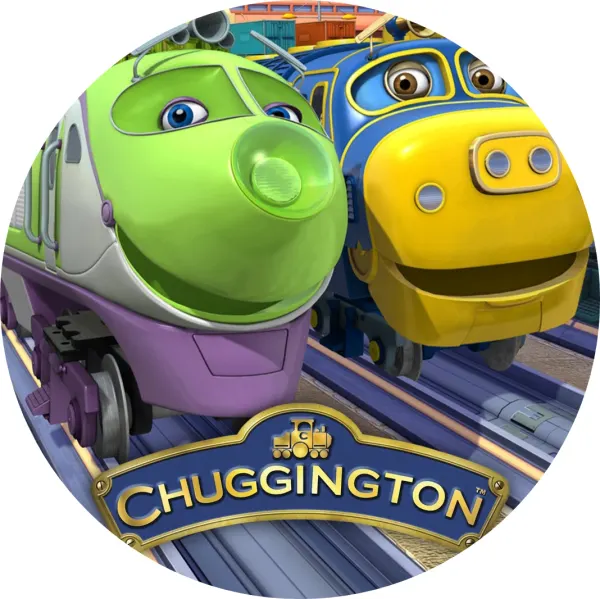 Kulatý jedlý obrázek na dort – Chuggington, Mašinky Koko a Brewster s logem (zelená, modrá, žlutá)