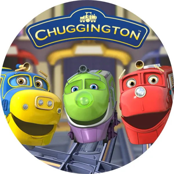 Kulatý jedlý obrázek na dort – Chuggington, Wilson, Brewster a Koko z depa (modrá, červená, zelená)