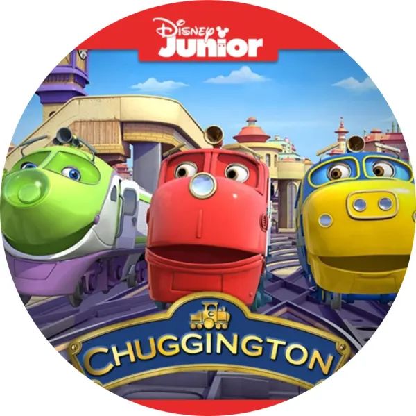 Kulatý jedlý obrázek na dort – Chuggington, Wilson v čele s Koko a Brewsterem (červená, modrá, žlutá)