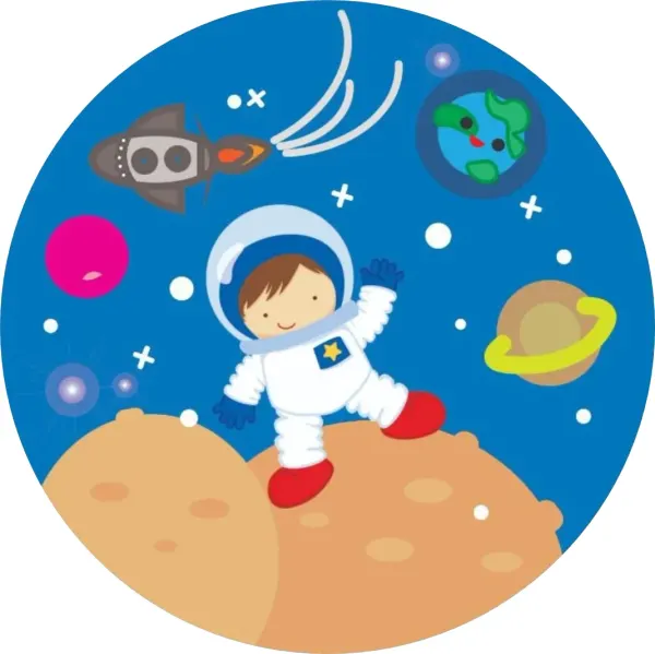 Kulatý jedlý obrázek na dort – Kosmonaut, Vesmír (modrá, žlutá, bílá)