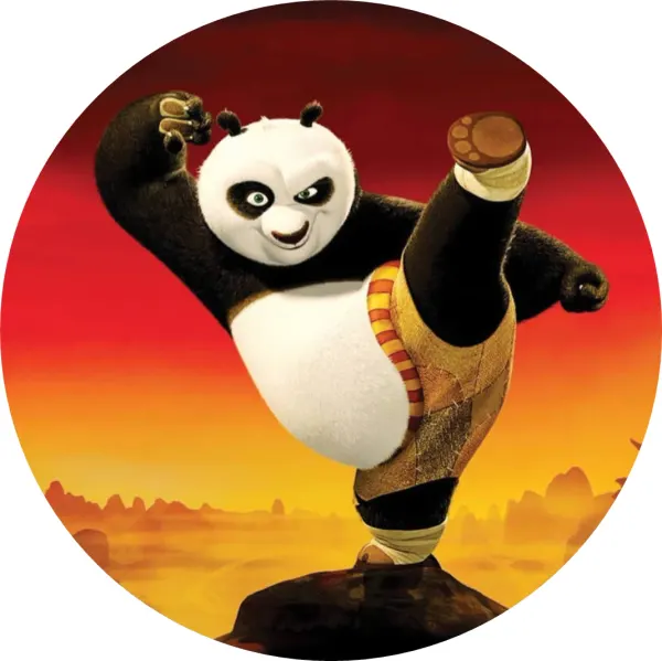 Kulatý jedlý obrázek na dort – Kung Fu Panda, Po na skále při západu slunce (červená, žlutá, černá)