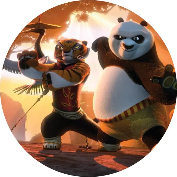 Kulatý jedlý obrázek na dort – Kung Fu Panda, Po, Tygřice a Jeřáb (žlutá, hnědá, černá)