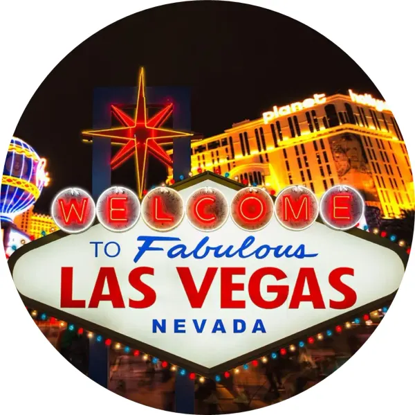 Kulatý jedlý obrázek na dort – Las Vegas, nápis Welcome a noční metropole (černá, červená, žlutá)