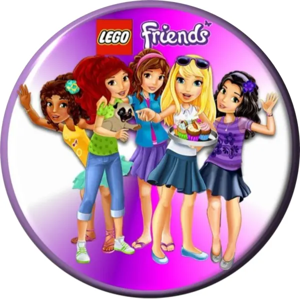 Kulatý jedlý obrázek na dort – Lego Friends, Kamarádky s cupcaky a mopslíkem (fialová, růžová, bílá)