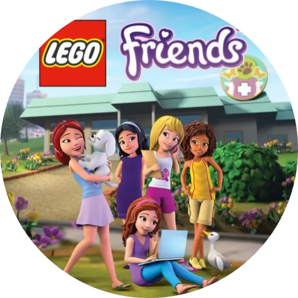 Kulatý jedlý obrázek na dort – Lego Friends, Před zvířecí klinikou (fialová, zelená, modrá)