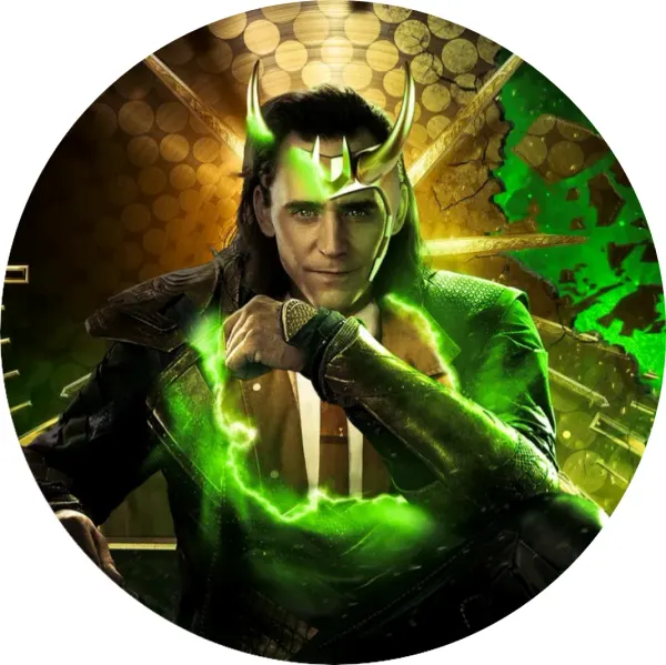 Kulatý jedlý obrázek na dort – Loki (zelená, zlatá, černá)