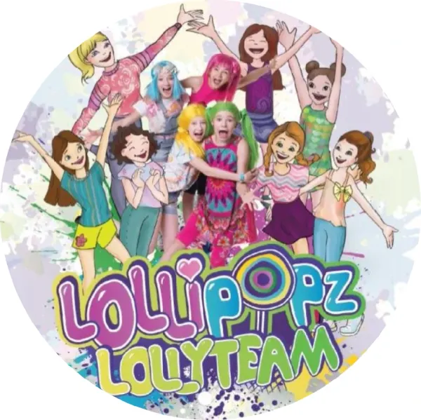 Kulatý jedlý obrázek na dort – Lollipopz, nápis Lollyteam a postavičky (růžová, tyrkysová, fialová)