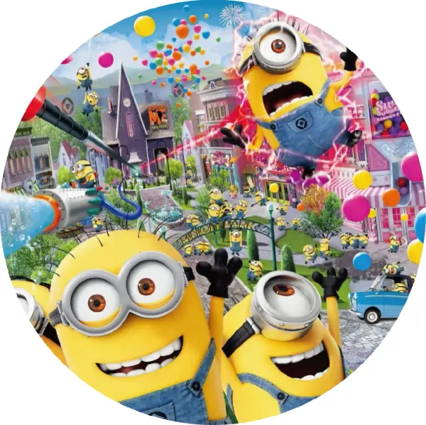 Kulatý jedlý obrázek na dort – Mimoni, zábava v Minion Parku (žlutá, modrá, duhová)