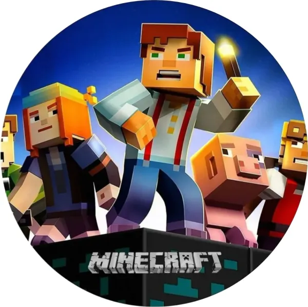 Kulatý jedlý obrázek na dort – Minecraft, Jesse s pochodní, Petra a Reuben (modrá, hnědá, černá)