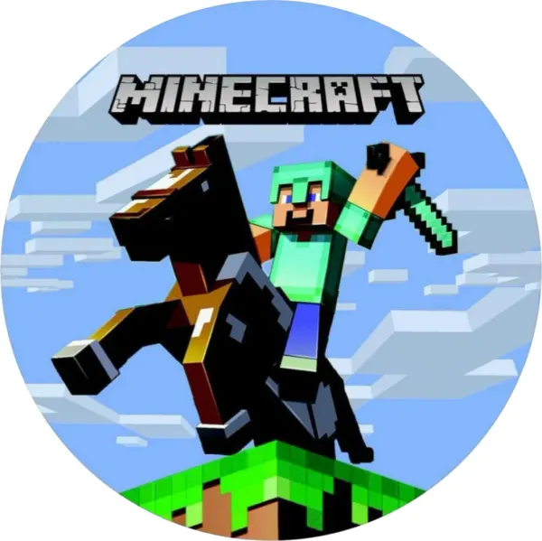 Kulatý jedlý obrázek na dort – Minecraft, Steve v brnění na černém koni (modrá, zelená, černá)