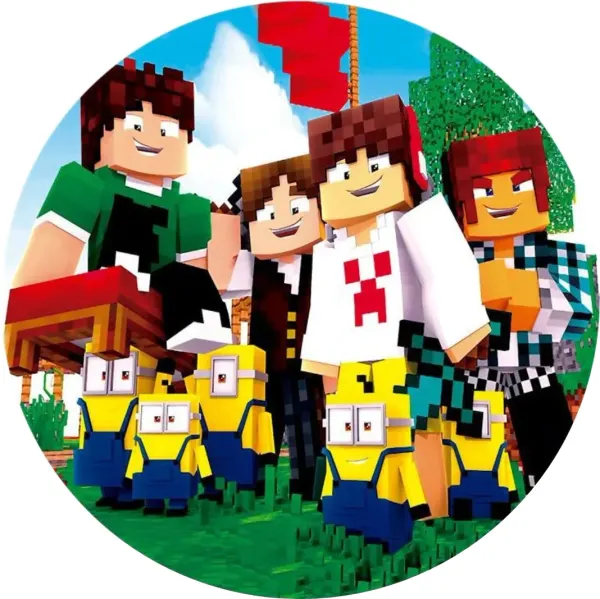 Kulatý jedlý obrázek na dort – Minecraft, Mimoni (zelená, modrá, žlutá)