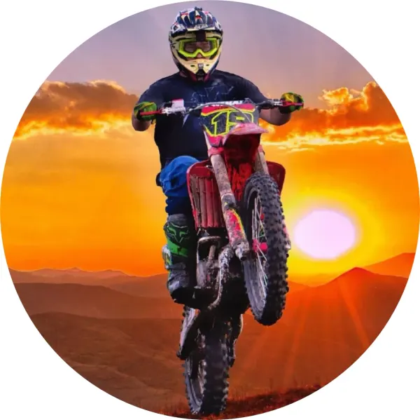 Kulatý jedlý obrázek na dort – Motorka cross (žlutá, červená, hnědá)