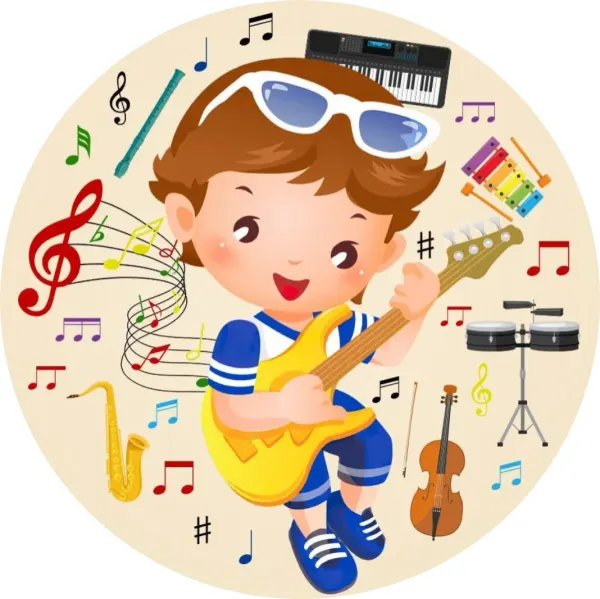 Kulatý jedlý obrázek na dort – Muzikant, Hudba (žlutá, modrá, červená)
