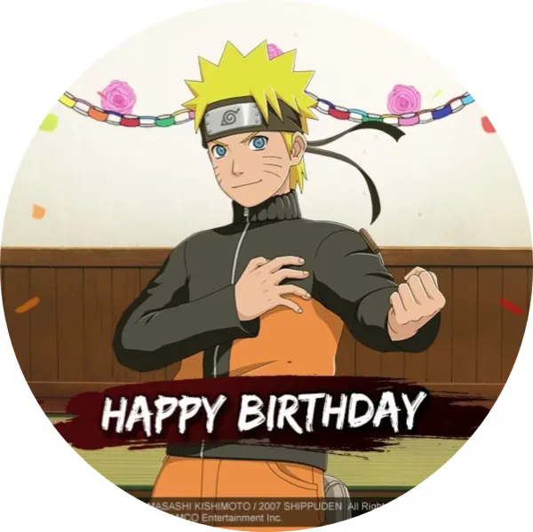 Kulatý jedlý obrázek na dort – Naruto, Happy Birthday a konfety (černá, žlutá, bílá)