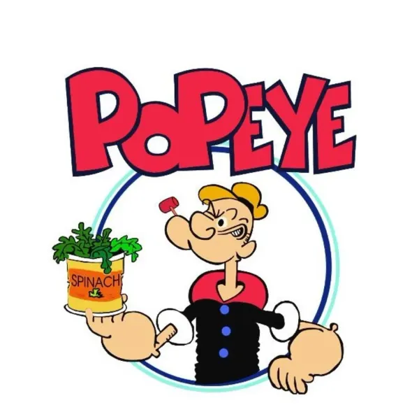 Kulatý jedlý obrázek na dort – Pepek námořník, se špenátem a nápisem POPEYE (červená, modrá, bílá)