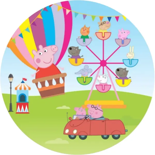 Kulatý jedlý obrázek na dort – Prasátko Peppa, v balonu nad poutí (modrá, zelená, červená)
