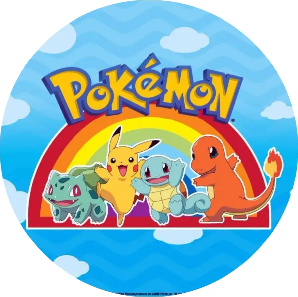 Kulatý jedlý obrázek na dort – Pokémon, Pikachu a startéři s duhou (modrá, žlutá, červená)