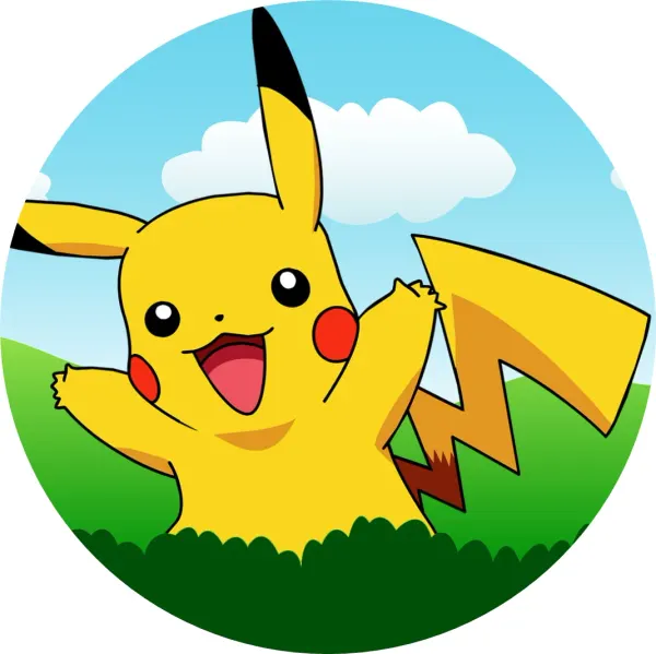 Kulatý jedlý obrázek na dort – Pokémon, Pikachu vykukující z trávy (žlutá, zelená, modrá)
