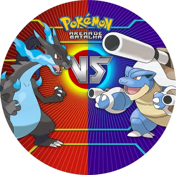 Kulatý jedlý obrázek na dort – Pokémon, Bitva Mega Charizard X vs Blastoise (modrá, červená, černá)