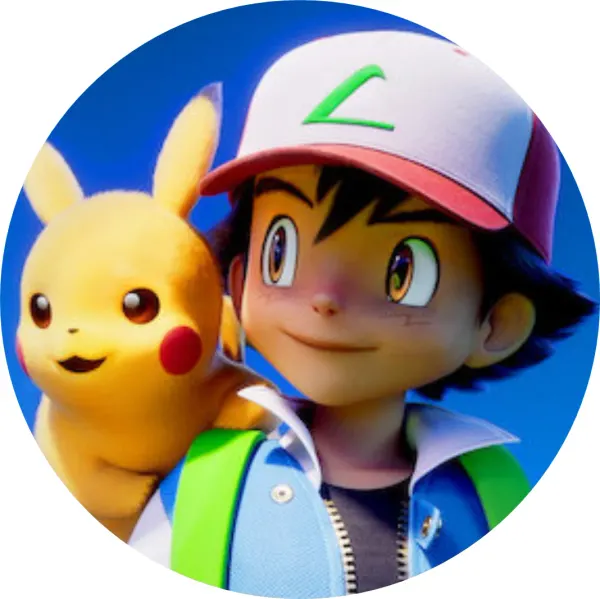 Kulatý jedlý obrázek na dort – Pokémon, Ash s Pikachu na modrém pozadí (modrá, žlutá, červená)