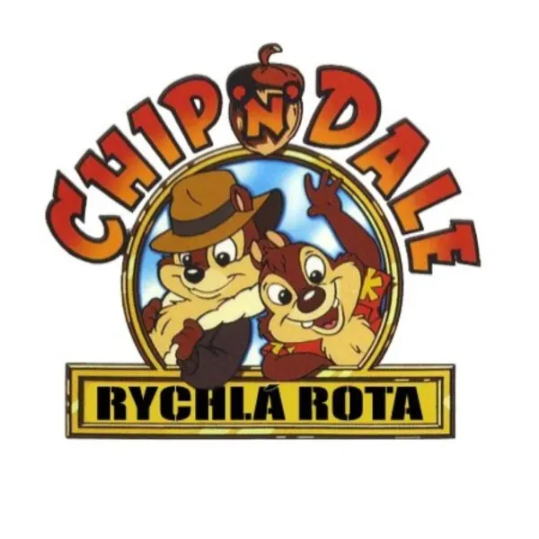 Kulatý jedlý obrázek na dort – Rychlá rota, Chip a Dale s nápisy v kruhu (hnědá, červená, žlutá)