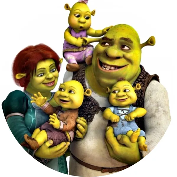 Kulatý jedlý obrázek na dort – Shrek, Shrek, Fiona a trojčátka (zelená, bílá, hnědá)