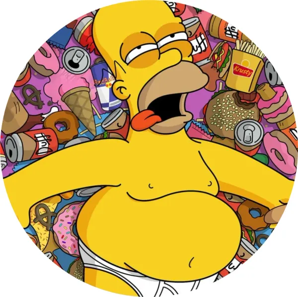 Kulatý jedlý obrázek na dort – Simpsonovi, Homer ve slipech a záplava jídla (žlutá, růžová, hnědá)