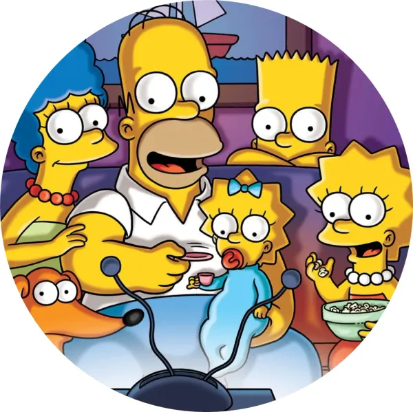 Kulatý jedlý obrázek na dort – Simpsonovi, rodina a pes na gauči u TV (žlutá, fialová, modrá)