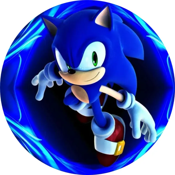 Kulatý jedlý obrázek na dort – Sonic, skok na neonově modrém pozadí (modrá, černá, bílá)