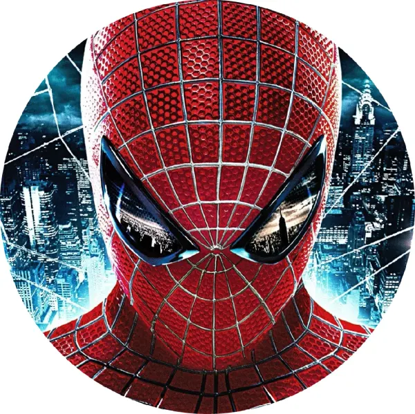 Kulatý jedlý obrázek na dort – Spiderman, stříbrná pavučina a noční město (červená, modrá, černá)