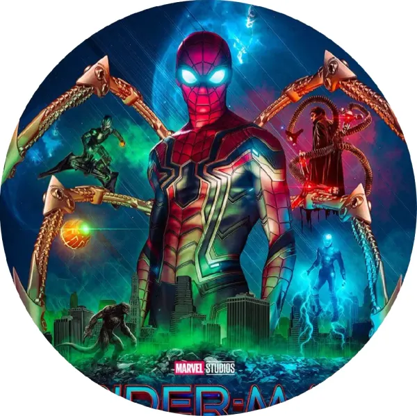 Kulatý jedlý obrázek na dort – Spiderman, oblek s kovovými rameny a blesky (modrá, červená, zelená)