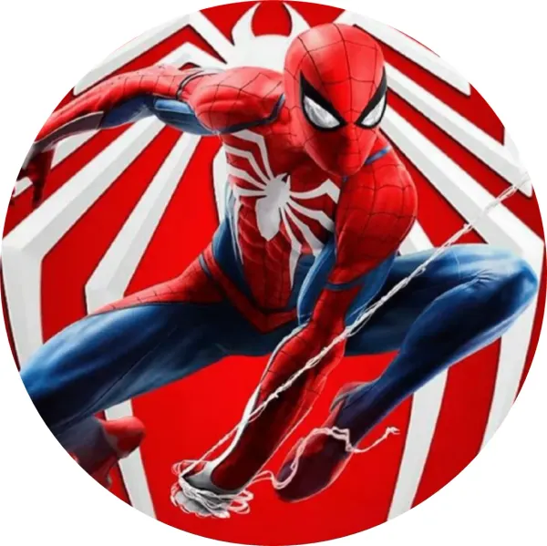 Kulatý jedlý obrázek na dort – Spiderman, skok na červenobílém pozadí (červená, modrá, bílá)