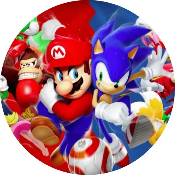 Kulatý jedlý obrázek na dort – Super Mario a Sonic (červená, modrá, bílá)