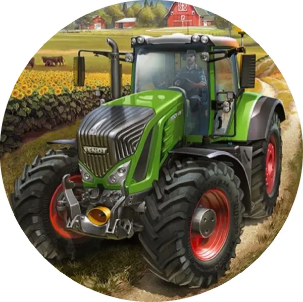 Kulatý jedlý obrázek na dort – Traktor, zelený u slunečnicového pole (zelená, červená, žlutá)